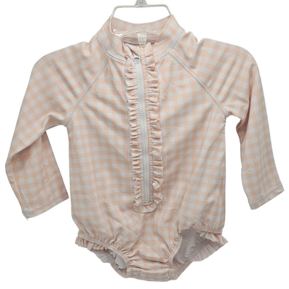 Janie + Jack Baby Recycled Gingham Rash Guard Swim Seashell Pink Gingham 6-12 M